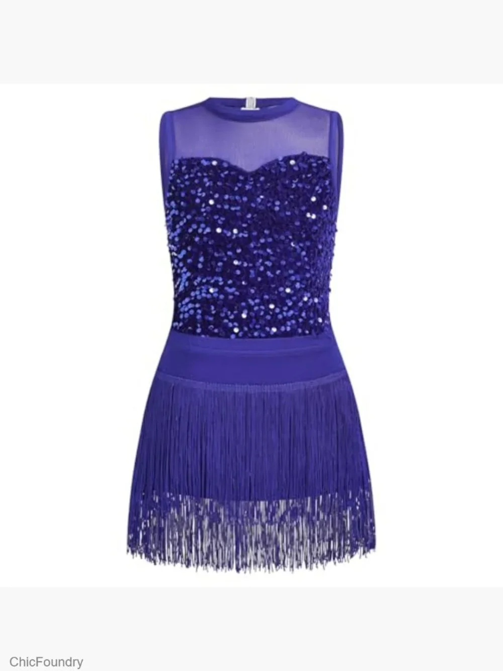 2PCS Girls Sequin Fringe Bodysuit & Tassel Skirt Dance Outfit